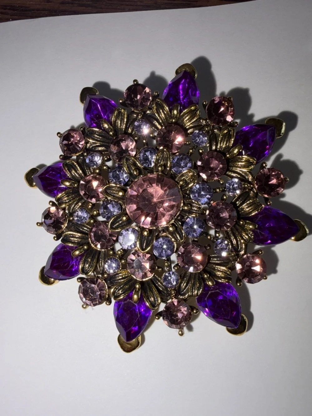 Gold-Tone Purple Crystal Sunflower Flower Statement Brooch with Rhinestones